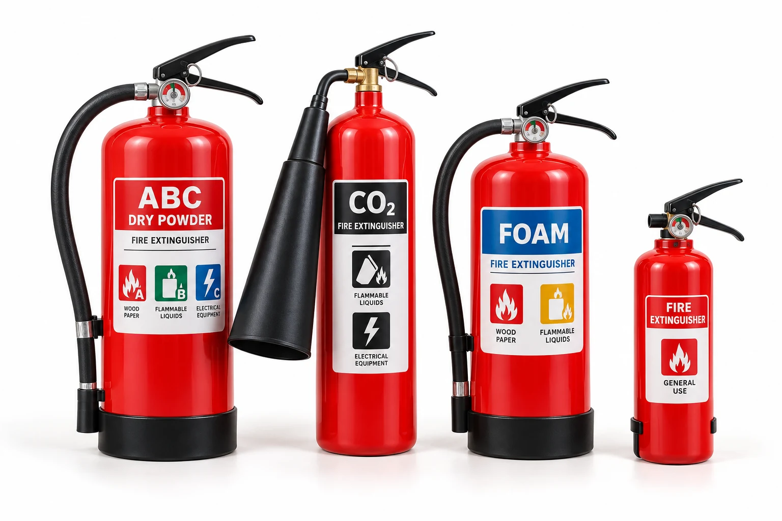 Các loại bình chữa cháy bột ABC, CO2, bọt và bình chữa cháy nhỏ